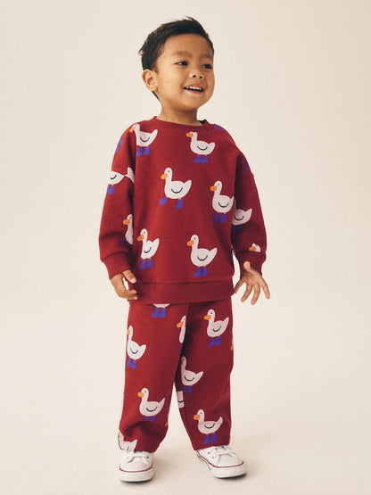 Burgundy Red All Over Print Crew Neck Sweat Top and Joggers Set (3mths-7yrs) - Burgundy Red / 12-18 Months (80-86cm)