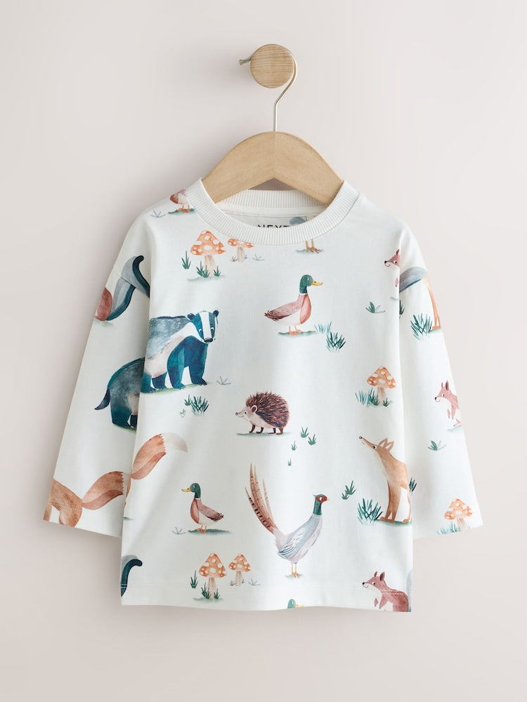 Neutral/Tan Woodland Watercolour Long Sleeve Graphic T-Shirts 3 Pack (3mths-7yrs)