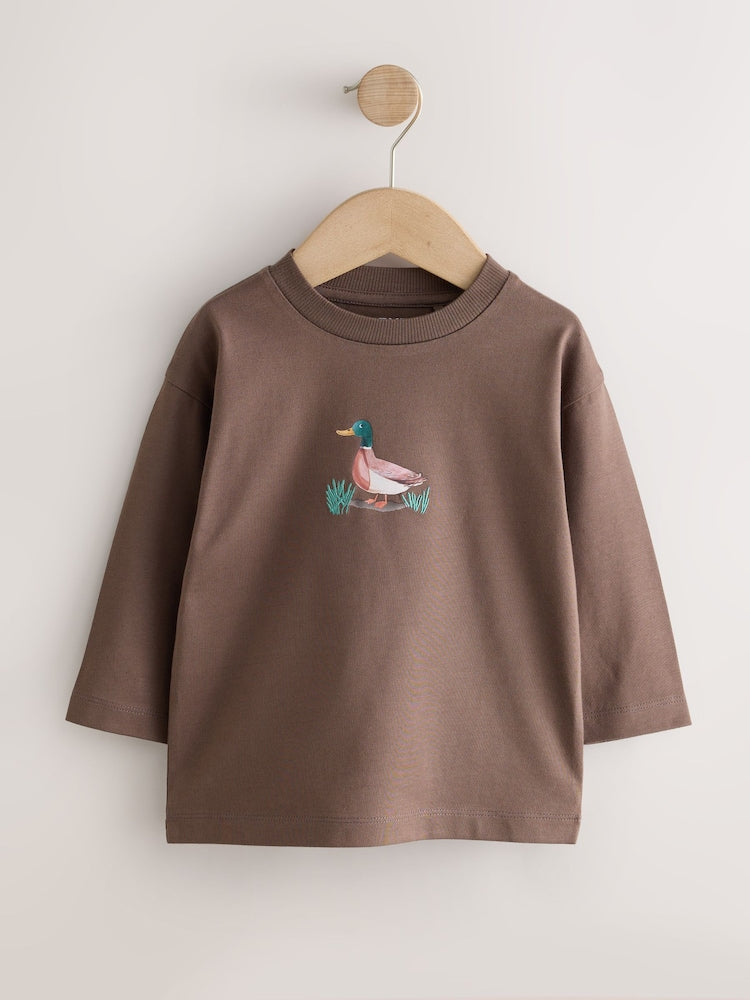 Neutral/Tan Woodland Watercolour Long Sleeve Graphic T-Shirts 3 Pack (3mths-7yrs)