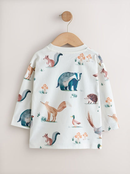 Neutral/Tan Woodland Watercolour Long Sleeve Graphic T-Shirts 3 Pack (3mths-7yrs)