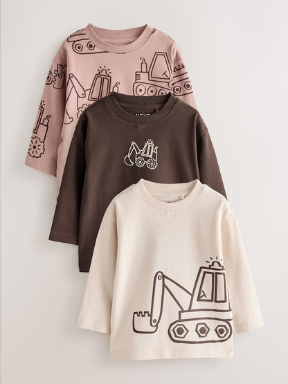 Neutral Digger Long Sleeve Graphic T-Shirts 3 Pack (3mths-7yrs) - Neutral Digger Long Sleeve Graphic / 12-18 Months (80-86cm)