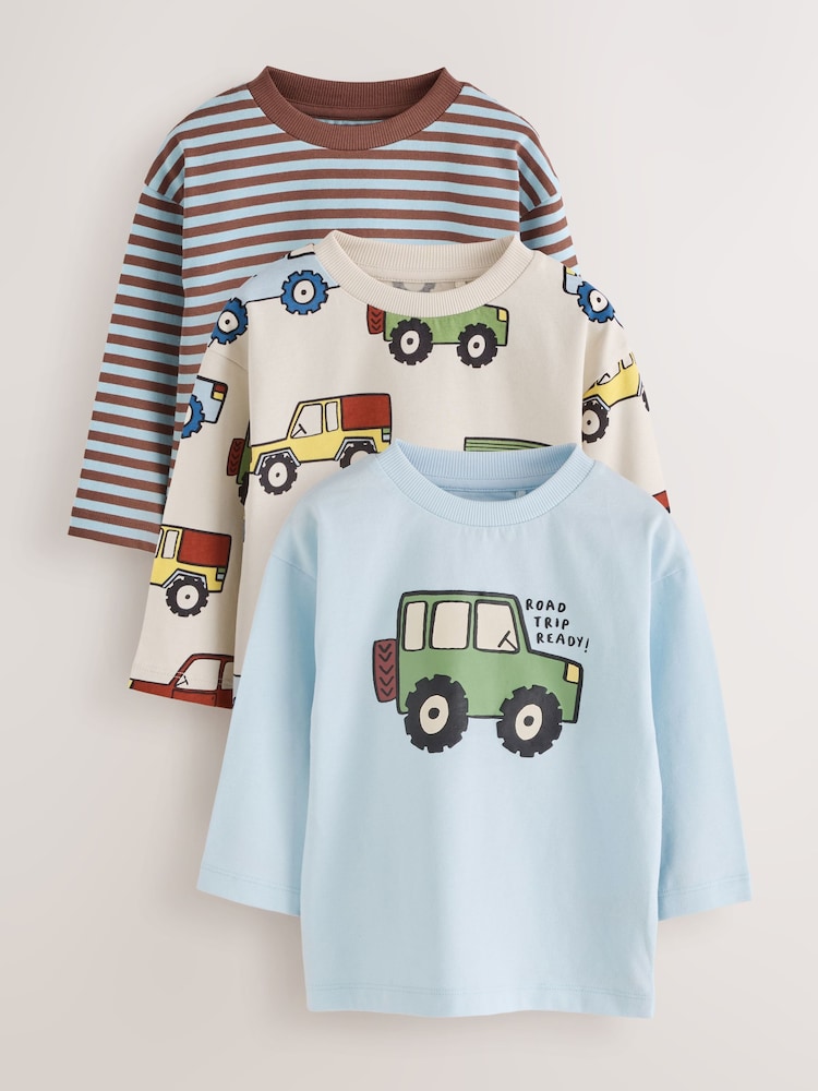 Blue Stripe Car Long Sleeve Graphic T-Shirts 3 Pack (3mths-7yrs) - Blue Stripe Car Long Sleeve Graphic / 12-18 Months (80-86cm)