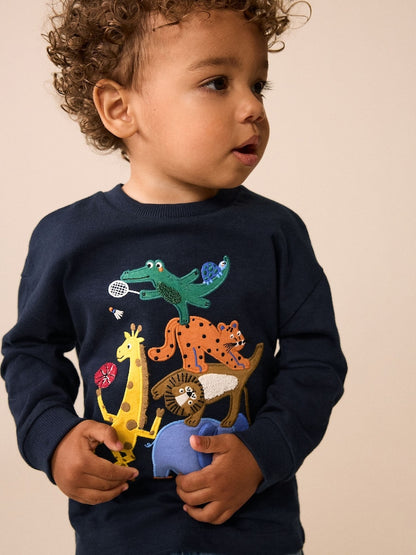 Dark Navy Safari Animal Long Sleeve Appliqué T-Shirt (3mths-7yrs) - Dark Navy Safari Animal / 12-18 Months (80-86cm)