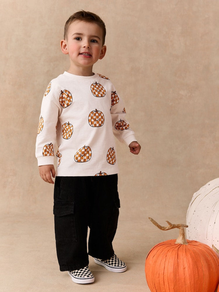 Cream Checkerboard Pumpkin Long Sleeve Halloween T-Shirt (3mths-7yrs)