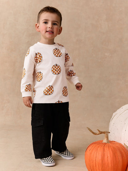 Cream Checkerboard Pumpkin Long Sleeve Halloween T-Shirt (3mths-7yrs)