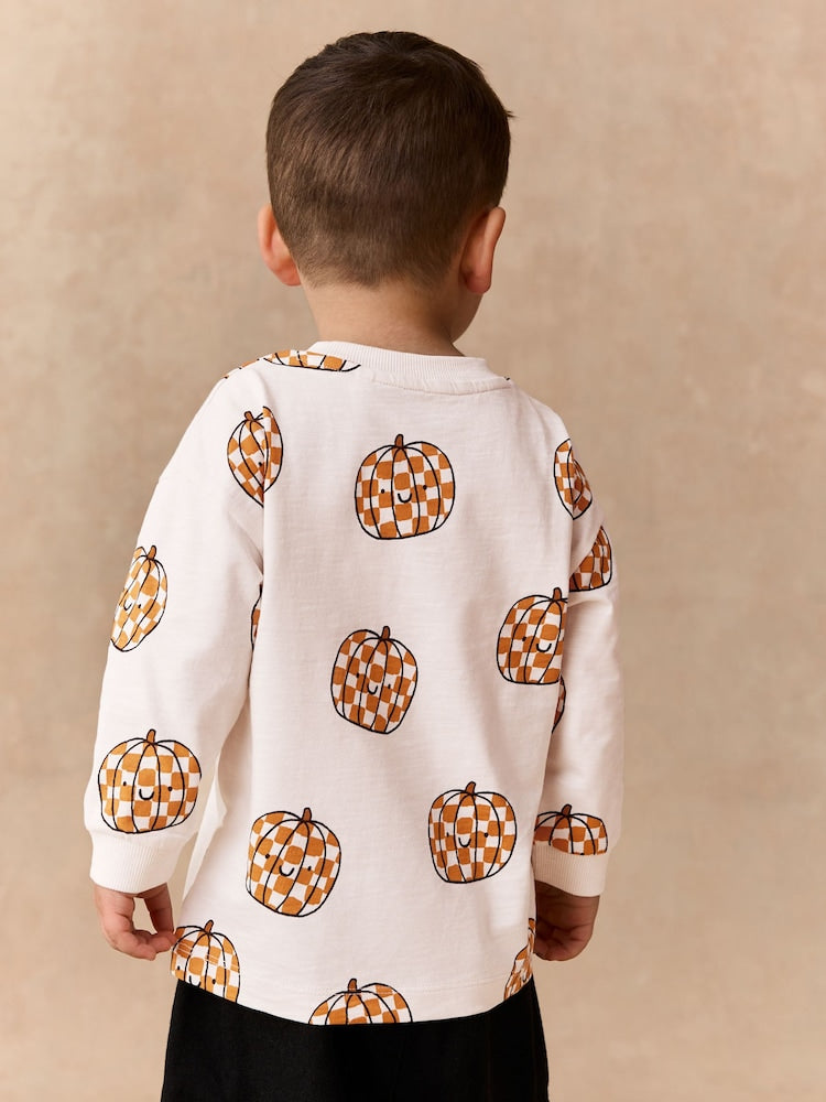 Cream Checkerboard Pumpkin Long Sleeve Halloween T-Shirt (3mths-7yrs)