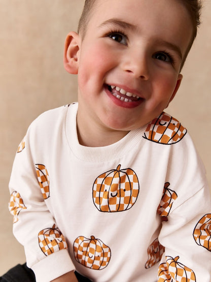 Cream Checkerboard Pumpkin Long Sleeve Halloween T-Shirt (3mths-7yrs)