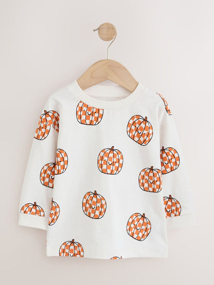 Cream Checkerboard Pumpkin Long Sleeve Halloween T-Shirt (3mths-7yrs)