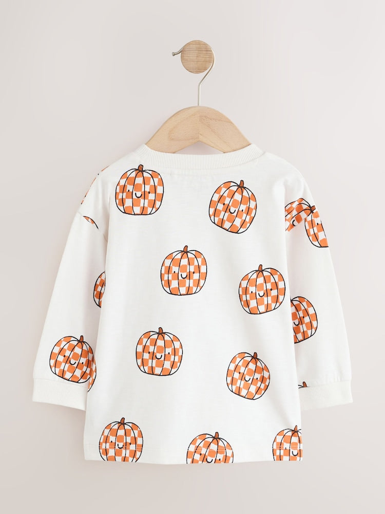 Cream Checkerboard Pumpkin Long Sleeve Halloween T-Shirt (3mths-7yrs)