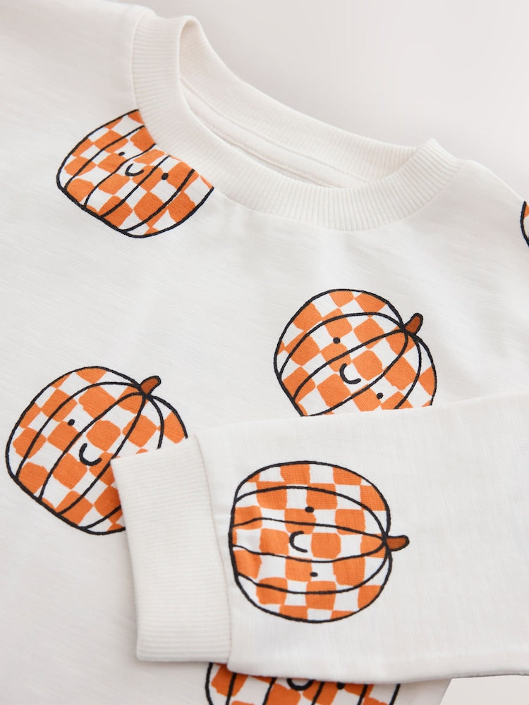 Cream Checkerboard Pumpkin Long Sleeve Halloween T-Shirt (3mths-7yrs)