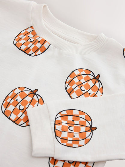 Cream Checkerboard Pumpkin Long Sleeve Halloween T-Shirt (3mths-7yrs)
