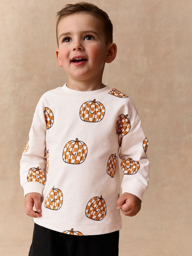 Cream Checkerboard Pumpkin Long Sleeve Halloween T-Shirt (3mths-7yrs)