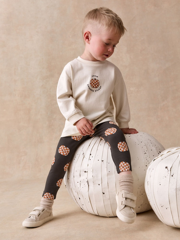 White Halloween Pumpkin Graphic Printed Top and Legging Set (3mths-7yrs) - White Halloween Pumpkin / 12-18 Months (80-86cm)