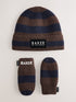 Baker by Ted Baker Blue/Chocolate Brown Stripe Beanie and Mittens Set