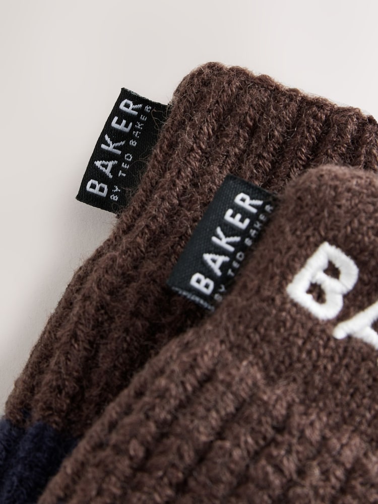 Baker by Ted Baker Blue/Chocolate Brown Stripe Beanie and Mittens Set