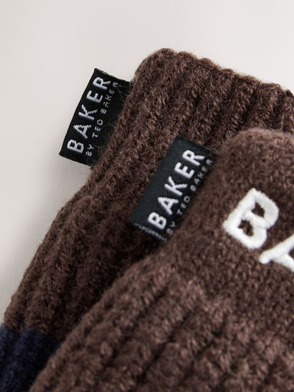 Baker by Ted Baker Blue/Chocolate Brown Stripe Beanie and Mittens Set