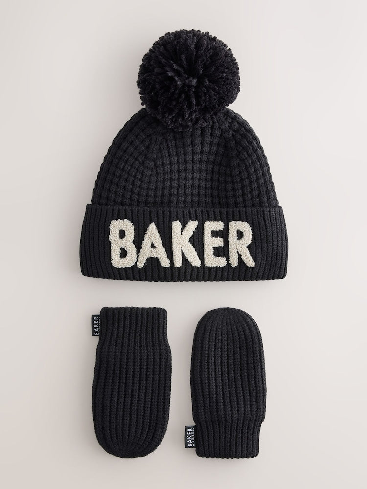 Baker by Ted Baker Black Boucle Faux Fur Pom Hat and Mittens Set