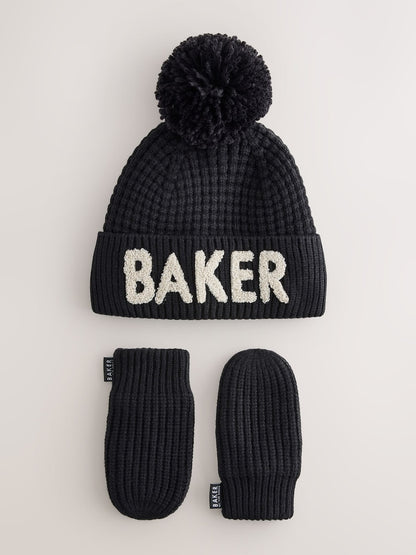 Baker by Ted Baker Black Boucle Faux Fur Pom Hat and Mittens Set