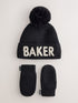 Baker by Ted Baker Black Boucle Faux Fur Pom Hat and Mittens Set