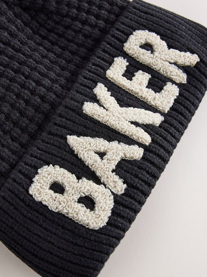 Baker by Ted Baker Black Boucle Faux Fur Pom Hat and Mittens Set