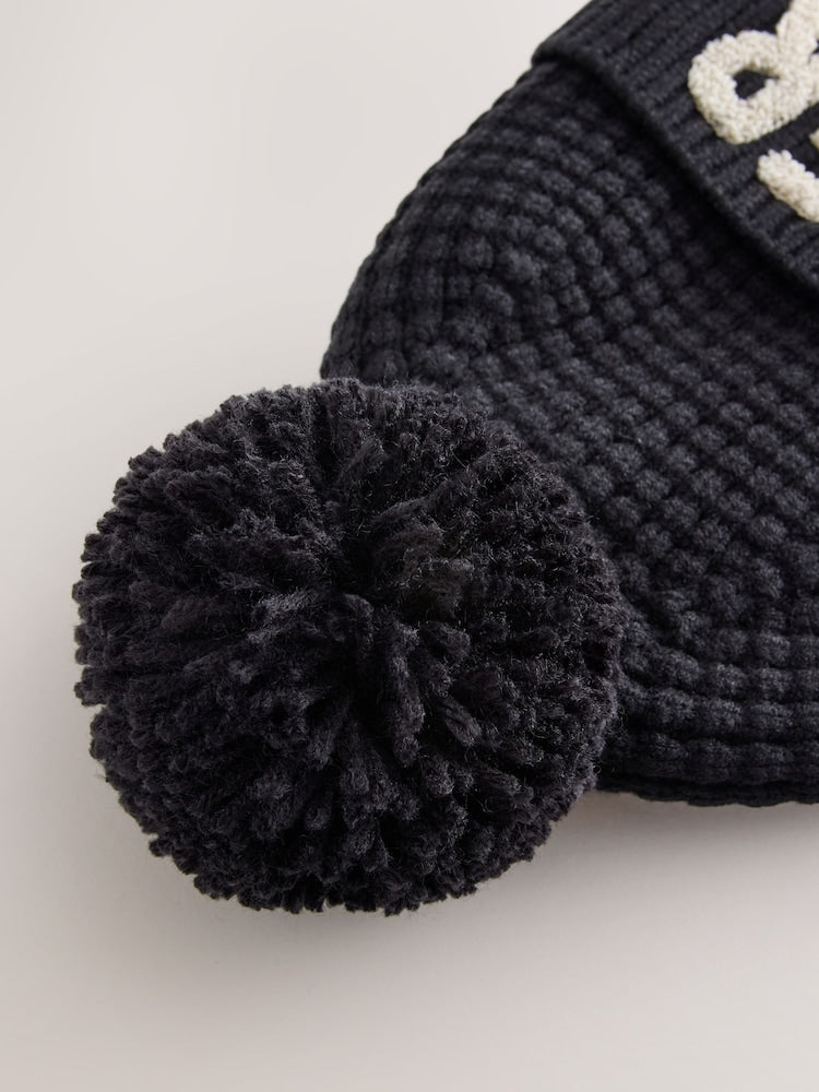 Baker by Ted Baker Black Boucle Faux Fur Pom Hat and Mittens Set