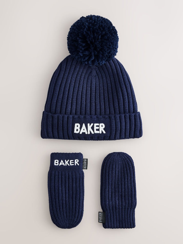 Baker by Ted Baker Navy Logo Knitted Pom Hat and Mittens Set - Size 3-9 Months (62-74cm)