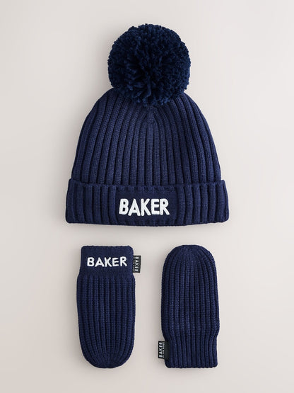 Baker by Ted Baker Navy Logo Knitted Pom Hat and Mittens Set - Size 3-9 Months (62-74cm)