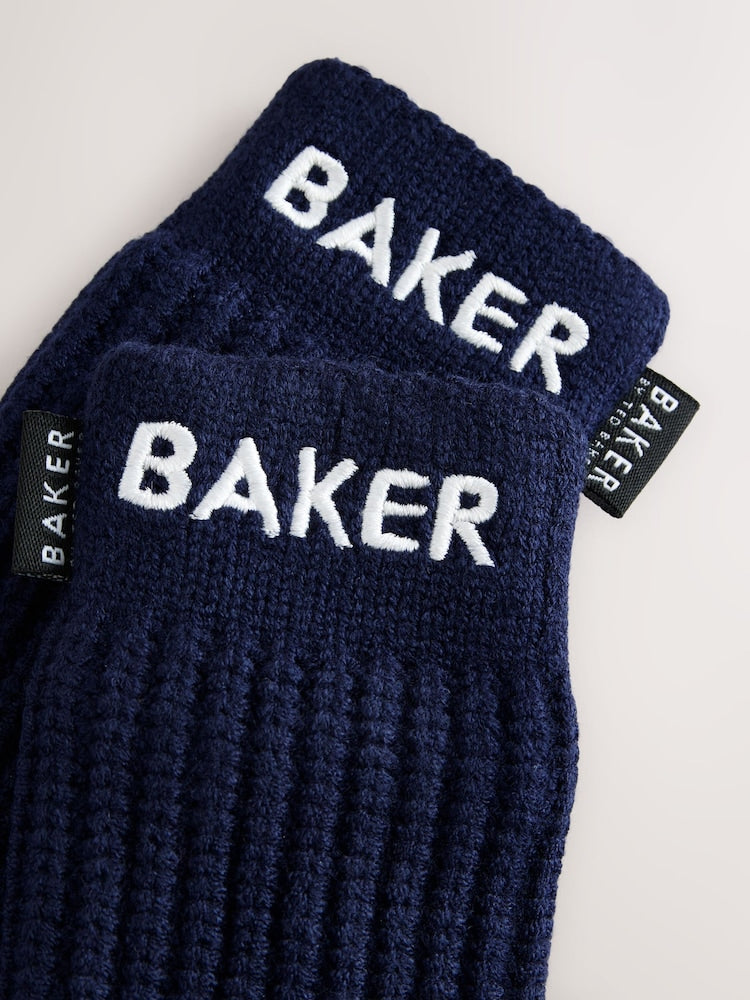 Baker by Ted Baker Navy Logo Knitted Pom Hat and Mittens Set - Size 3-9 Months (62-74cm)