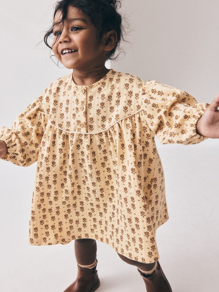 Neutral Floral Long Puff Sleeve Dress (3mths-7yrs) - Neutral Floral / 12-18 Months (80-86cm)