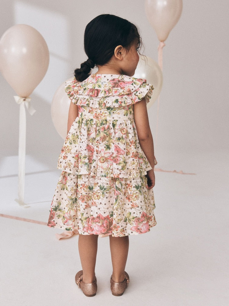 Floral Sleeveless Lace Collar Tiered