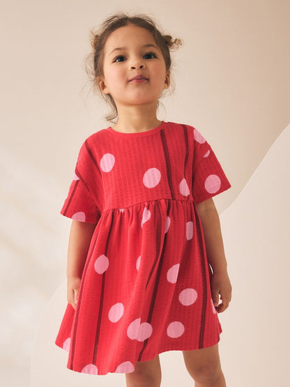 Red Pink Polka Dot Short Sleeve Jersey Dress (3mths-7yrs) - Red Pink Polka Dot / 12-18 Months (80-86cm)