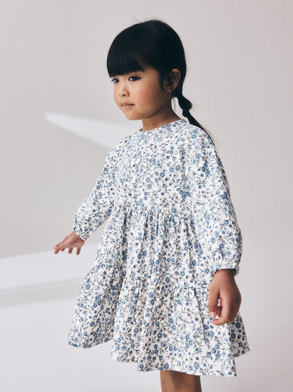 Ecru Blue Ditsy Long Sleeve Tiered Dress (3mths-7yrs) - Ecru Blue Ditsy / 12-18 Months (80-86cm)