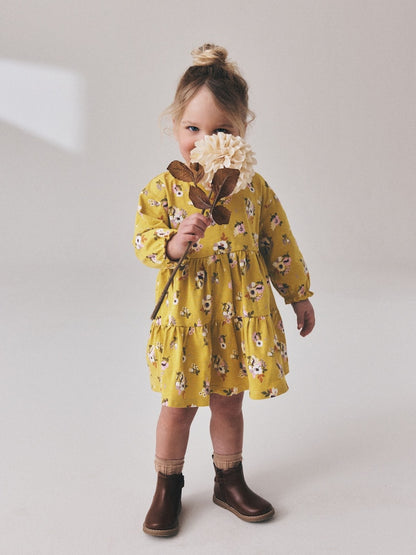 Ochre Yellow Floral Long Sleeve Tiered Dress (3mths-7yrs) - Ochre Yellow Floral / 12-18 Months (80-86cm)