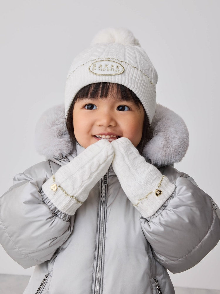 Baker by Ted Baker Ivory Cable Knit Heart Hat and Mittens Set