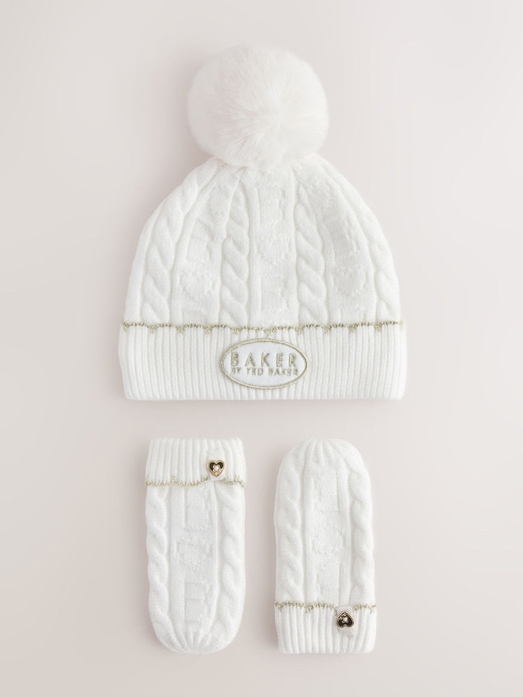 Baker by Ted Baker Ivory Cable Knit Heart Hat and Mittens Set
