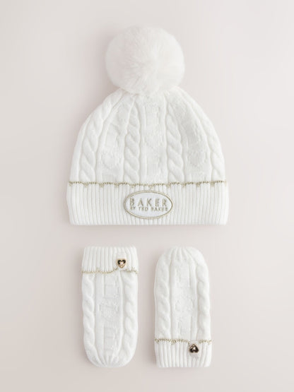Baker by Ted Baker Ivory Cable Knit Heart Hat and Mittens Set