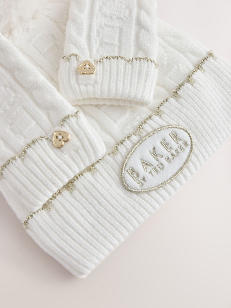 Baker by Ted Baker Ivory Cable Knit Heart Hat and Mittens Set