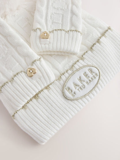 Baker by Ted Baker Ivory Cable Knit Heart Hat and Mittens Set