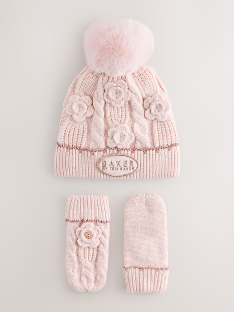 Baker by Ted Baker Pink Corsage Knitted Hat and Mittens Set - Size 3 - 9 Months (62 - 74cm)