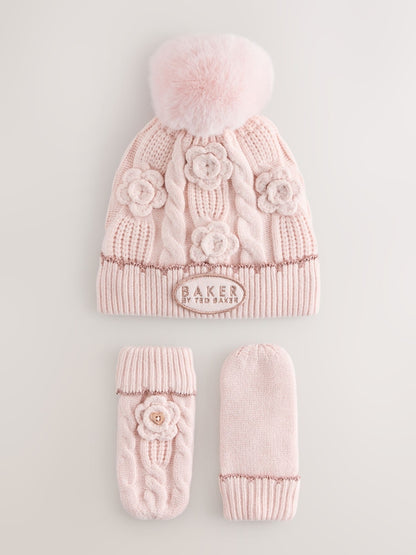 Baker by Ted Baker Pink Corsage Knitted Hat and Mittens Set - Size 3 - 9 Months (62 - 74cm)