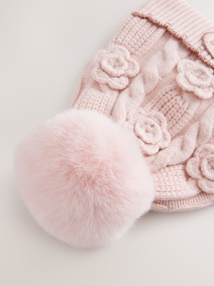 Baker by Ted Baker Pink Corsage Knitted Hat and Mittens Set - Size 3 - 9 Months (62 - 74cm)
