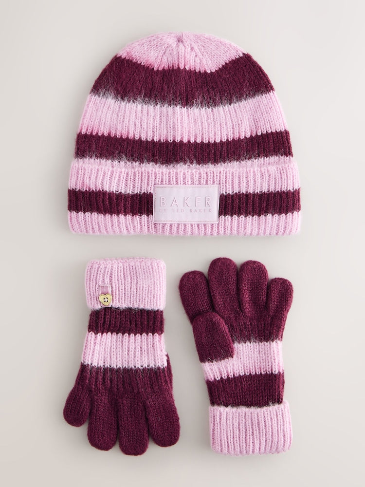 Baker by Ted Baker Pink/Burgundy Striped Beanie Hat and Gloves Set - Size 3 - 4 Years (98 - 104cm)