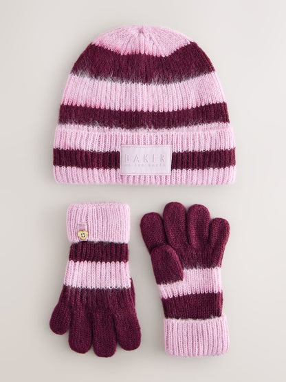 Baker by Ted Baker Pink/Burgundy Striped Beanie Hat and Gloves Set - Size 3 - 4 Years (98 - 104cm)