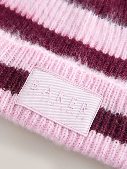 Baker by Ted Baker Pink/Burgundy Striped Beanie Hat and Gloves Set - Size 3 - 4 Years (98 - 104cm)