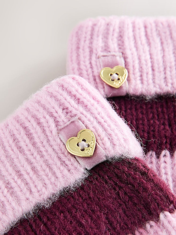 Baker by Ted Baker Pink/Burgundy Striped Beanie Hat and Gloves Set - Size 3 - 4 Years (98 - 104cm)
