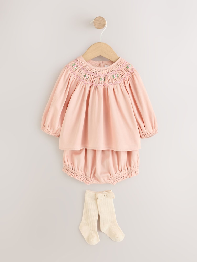 Pink Smock Woven Top, Shorts and Socks Baby Set 2 Piece (0mths-2yrs) - Pink Smock Woven / Up to 1 Month (50-56cm)