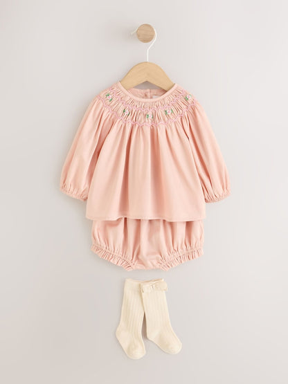 Pink Smock Woven Top, Shorts and Socks Baby Set 2 Piece (0mths-2yrs) - Pink Smock Woven / Up to 1 Month (50-56cm)