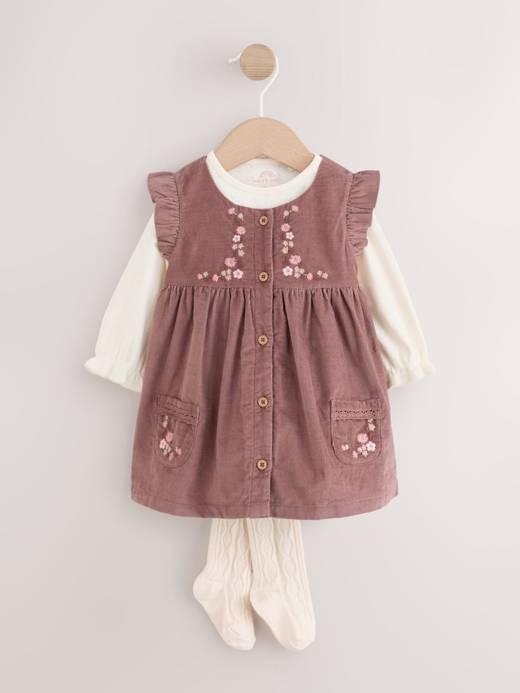 Chocolate Brown Floral Baby Pinafore Bodysuit And Tights 3 Piece Set (0mths-2yrs) - Chocolate Brown Floral / Up to 1 Month (50-56cm)