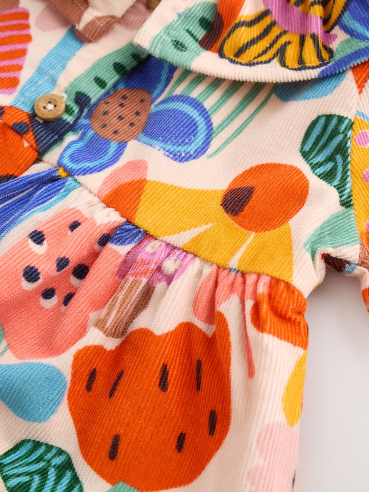 Multi Bright Print Cord Baby Dress And Tights 2 Piece Set (0mths-2yrs)
