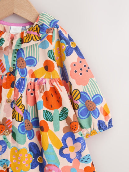 Multi Bright Print Cord Baby Dress And Tights 2 Piece Set (0mths-2yrs)